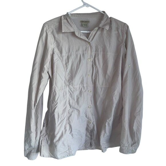 Exofficio Womens Roll Tab Sleeve Button Up Top Sz L Beige Nylon Vented Outdoors - Picture 1 of 6